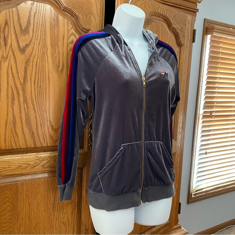 Aviator Nation Classic Velvet Zip Hoodie Grey Rainbow 5 Stripe Womens Sz XS